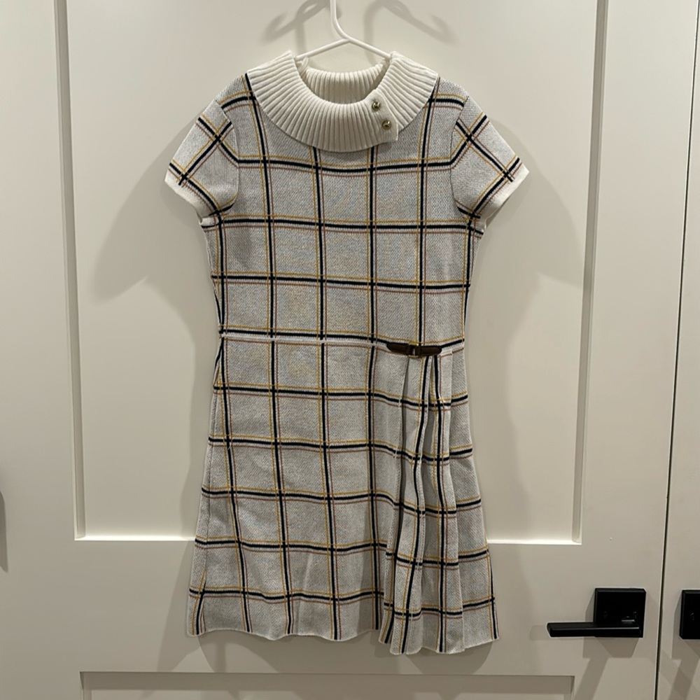 Janie and Jack Cream Plaid Knit Dress with Gold Trim